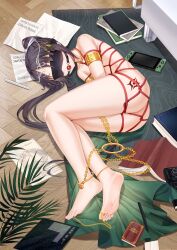 Rule 34 | 1boy, absurdres, anklet, armlet, ball gag, barefoot, bdsm, black hair, blindfold, blush, bondage, bound, chain, commission, ear piercing, feet, full body, gag, gold chain, highres, jewelry, legs, lying, neck ring, nintendo switch, no shoes, on floor, on side, original, piercing, restrained, shibari, soles, solo, thighlet, tiara, toe ring, toenails, toes, trap, xo (xo17800108)
