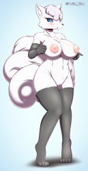 Rule 34 | 1girl, absurdres, alolan form, alolan vulpix, animal ears, artist name, black gloves, black thighhighs, blue background, blue eyes, blue sclera, blush, breasts, clitoris, collarbone, colored sclera, creatures (company), elbow gloves, fang, female focus, fox ears, full body, furry, furry female, game freak, gen 7 pokemon, gloves, half-closed eyes, hands up, highres, huge breasts, knees together feet apart, large areolae, looking away, looking down, looking to the side, multiple tails, navel, nintendo, nude, open mouth, personification, pokemon, pokemon (creature), pokemon sm, pussy, short hair, simple background, solo, standing, tail, tailzkim, teeth, text focus, thighhighs, twitter username, uncensored, watermark, white hair