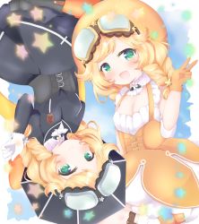 Rule 34 | 2girls, :d, black dress, black headwear, blonde hair, blush, braid, breasts, cleavage, dress, gloves, goggles, goggles on head, green eyes, gunslinger stratos, highres, mofu ricotta, multiple girls, open mouth, small breasts, smile, star (symbol), v, white gloves, yellow dress, yellow gloves, yellow headwear