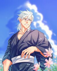 Rule 34 | 1boy, absurdres, artist name, bara, blue eyes, blue kimono, blue sky, cloud, collarbone, fate/grand order, fate (series), field, flower, flower field, grin, hair between eyes, highres, japanese clothes, kimono, looking to the side, male focus, muscular, muscular male, pectoral cleavage, pectorals, percival (fate), short hair, sky, smile, solo, twitter username, white hair, yaekaidou
