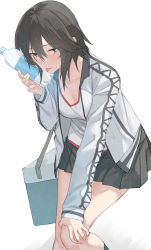 Rule 34 | 1girl, absurdres, black hair, black skirt, bottle to cheek, cooler, feet out of frame, grey eyes, gym shirt, gym uniform, hand on own knee, hayasui (kancolle), highres, jacket, kantai collection, leaning forward, miniskirt, open clothes, pleated skirt, shirt, short hair, simple background, skirt, solo, tongue, tongue out, track jacket, uru rthn ue, white background, white jacket, white shirt