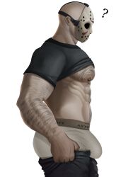 Rule 34 | 1boy, ?, abs, arm hair, artist request, ass, bald, bara, black shirt, body hair, bulge, bulge lift, chest hair, clothes lift, dressing, feet out of frame, friday the 13th, from side, hairy, highres, hockey mask, i&#039;ve never seen a guy recreate this successfully tbh (meme), jason voorhees, large pectorals, male focus, male underwear, mask, mature male, meme, muscular, muscular male, navel hair, nipples, open pants, pants, pants lift, pectorals, shirt, shirt lift, short hair, solo, stomach, underpec, undersized clothes, underwear, veins, veiny arms, white male underwear