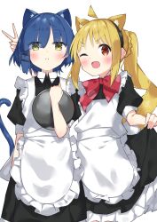 Rule 34 | 2girls, ;d, ahoge, animal ear fluff, animal ears, apron, black dress, black hairband, blonde hair, blue hair, bocchi the rock!, bow, braid, brown eyes, cat ears, cat girl, cat tail, closed mouth, collared dress, commentary, dress, eyes visible through hair, frilled apron, frills, hair ornament, hair over one eye, hairband, hairclip, highres, holding, holding tray, ijichi nijika, kemonomimi mode, long hair, looking at viewer, maid, maid apron, multiple girls, one eye closed, open mouth, puffy short sleeves, puffy sleeves, red bow, red eyes, short sleeves, side ponytail, simple background, smile, suta0822, tail, tray, v, v-shaped eyebrows, very long hair, white apron, white background, yamada ryo
