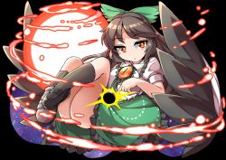 Rule 34 | 1girl, ass, black background, black hair, black socks, bow, cape, closed mouth, commentary request, feathered wings, fun bo, green bow, hair bow, long hair, looking at viewer, magic, orb, puffy short sleeves, puffy sleeves, red eyes, reiuji utsuho, short sleeves, simple background, socks, solo, starry sky print, third eye, touhou, wings