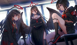 Rule 34 | 3girls, armband, black gloves, black hair, black neckwear, black sailor collar, black serafuku, black skirt, black socks, black wings, blood, blood halo, blood on clothes, blue archive, blunt bangs, bow, bowtie, breasts, choker, commentary request, crossed arms, day, feathered wings, feet on chair, finger to mouth, fingerless gloves, from below, garter straps, gloves, halo, hasumi (blue archive), highres, kneehighs, leg up, liquid halo, long hair, long skirt, long sleeves, looking at viewer, mashiro (blue archive), medium breasts, miniskirt, multiple girls, neck ribbon, necktie, purple eyes, red eyes, ribbon, sailor collar, school uniform, serafuku, short hair, sitting, skirt, socks, standing, thighhighs, tsurugi (blue archive), undone neck ribbon, very long hair, white sailor collar, window, winged halo, wings, yu ni t