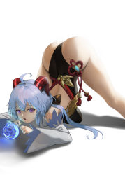 Rule 34 | 1girl, absurdres, ahoge, artist request, ass, bare shoulders, blue hair, bodysuit, breast press, breasts, detached sleeves, ganyu (genshin impact), genshin impact, goat horns, highres, horns, huge ass, jack-o&#039; challenge, jack-o challenge, large breasts, leotard, long hair, looking at viewer, open mouth, orb, purple eyes, shiny skin, solo, top-down bottom-up, very long hair
