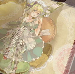 Rule 34 | 1girl, apron, bad id, bad pixiv id, bare shoulders, bloomers, blue dress, booota, buuta, checkerboard cookie, cookie, detached sleeves, dress, eat me (vocaloid), food, fork, frills, green eyes, green hair, gumi, hair ribbon, looking at viewer, lying, macaron, matching hair/eyes, mini person, minigirl, on back, pantyhose, ribbon, short hair, solo, striped clothes, striped pantyhose, underwear, vertical-striped clothes, vertical-striped pantyhose, vocaloid