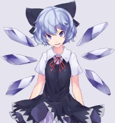 Rule 34 | 1girl, :d, arms at sides, bad id, bad pixiv id, black bow, black dress, bloomers, blue eyes, blue hair, bow, cirno, collared shirt, cowboy shot, detached wings, dress, eyebrows, hair bow, head tilt, highres, ice, ice wings, looking at viewer, matching hair/eyes, open mouth, red ribbon, ribbon, shirt, short hair, short sleeves, smile, solo, standing, touhou, tsurime, underwear, upskirt, white shirt, wind, wind lift, wings, yuusei tsukiro