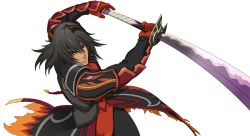 Rule 34 | 1boy, armor, black hair, dark skin, fighting stance, gaius (tales), gloves, male focus, manly, official art, red eyes, serious, solo, surcoat, sword, tales of (series), tales of xillia, transparent background, weapon, white background