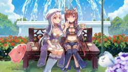 Rule 34 | 2girls, :3, abyss chaser (ragnarok online), animal ears, arch mage (ragnarok online), bench, blue sky, blush, breasts, brown choker, bush, capelet, cat ears, choker, cleavage, closed mouth, cloud, commentary request, crop top, day, dress, flower, food, fountain, full body, gold trim, grass, grey hair, grey pants, grey shirt, highres, ice cream, long hair, looking at another, medium breasts, midriff, multiple girls, navel, one eye closed, open clothes, open mouth, open shirt, outdoors, pants, pink eyes, poring, puffy short sleeves, puffy sleeves, purple capelet, purple dress, ragnarok online, red eyes, red flower, red rose, rose, sample watermark, shirt, short sleeves, sitting, sky, slime (creature), two-tone dress, vixiq, watermark, white dress, white headwear, wiping face