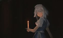 Rule 34 | 1girl, alternate eye color, alternate hairstyle, arm up, black background, blouse, blue skirt, blue vest, braid, candle, candlelight, dark, expressionless, fjsmu, from side, grey eyes, head tilt, highres, holding, holding candle, izayoi sakuya, looking at viewer, looking back, maid headdress, puffy short sleeves, puffy sleeves, shirt, short hair, short sleeves, silver hair, single braid, skirt, solo, standing, touhou, upper body, vest, white shirt