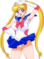 Rule 34 | 1990s (style), 1girl, :d, arm up, armpits, bare legs, bare shoulders, bishoujo senshi sailor moon, blonde hair, blue eyes, breasts, cameltoe, choker, cleft of venus, covered erect nipples, double bun, earrings, hair ornament, hand on own hip, jewelry, large breasts, legs, long hair, lowres, navel, necklace, open mouth, pixel art, retro artstyle, ribbon, sailor moon, school uniform, simple background, smile, solo, standing, thong, tiara, tsukino usagi, twintails, v, very long hair, warner, white background