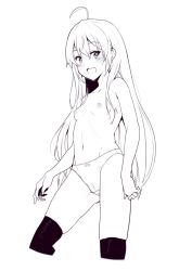 Rule 34 | 1girl, blush, breasts, cameltoe, cleft of venus, female focus, happy, long hair, monochrome, navel, nipples, panties, simple background, small breasts, solo, standing, star-shaped pupils, star (symbol), symbol-shaped pupils, thighhighs, underwear, white background