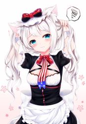 Rule 34 | 1girl, :t, american flag, american flag print, animal ear fluff, animal ears, apron, arms up, azur lane, blue eyes, blush, bow, breasts, brown background, bunching hair, cat ears, closed mouth, commentary request, flag print, frilled apron, frills, gradient background, hair bow, hammann (azur lane), head tilt, heart, highres, long hair, looking at viewer, pout, print neckwear, red bow, shiira (nya rl), silver hair, small breasts, solo, spoken squiggle, squiggle, twintails, very long hair, waist apron, white apron, white background, white bow, wrist cuffs