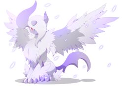 Rule 34 | absol, claws, closed mouth, creatures (company), game freak, gen 3 pokemon, gurifon, horns, long hair, mega absol, mega pokemon, nintendo, petals, pokemon, pokemon (creature), red eyes, simple background, sitting, solo, white background, wings