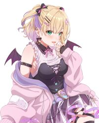 Rule 34 | 1girl, absurdres, arm belt, belt, black gloves, blonde hair, bodice, bow, breasts, collared shirt, ear piercing, earrings, fang, fuusuke (fusuke208), gloves, green eyes, hair bow, hair ornament, hairclip, highres, iris black games, jacket, jewelry, kurumi noah, looking at viewer, medium hair, multicolored hair, o-ring, o-ring thigh strap, off shoulder, open mouth, piercing, pink jacket, pink shirt, purple eyes, purple shorts, see-through, see-through skirt, shirt, short hair, shorts, skirt, sleeveless, sleeveless shirt, small breasts, solo, thigh strap, twitter username, two-tone hair, two side up, v over eye, virtual youtuber, vspo!, white background, wing piercing, wings