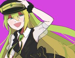 Rule 34 | 1girl, alina gray, black hat, black vest, blonde hair, brooch, collar, cross tie, detached collar, fur cuffs, gem, green eyes, green gemstone, green hair, hai (user hcry5373), hair between eyes, hat, highres, jewelry, long hair, looking at viewer, magia record: mahou shoujo madoka magica gaiden, magical girl, mahou shoujo madoka magica, multicolored hair, open mouth, peaked cap, puffy short sleeves, puffy sleeves, see-through, see-through sleeves, short sleeves, sidelocks, simple background, smile, solo, straight hair, streaked hair, upper body, v-neck, vest, white collar