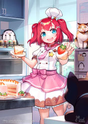 Rule 34 | 1girl, animal, apron, artist name, blue eyes, blush, bow, breasts, brown skirt, cake, cat, commentary request, food, frills, fruit, hair bow, hair ornament, hat, highres, holding, holding food, holding plate, indoors, kurosawa ruby, long hair, looking at viewer, love live!, love live! school idol festival, love live! school idol project, love live! sunshine!!, open mouth, pink apron, pink neckwear, plate, red hair, shirt, short sleeves, siriuflong, skirt, small breasts, smile, solo, star (symbol), strawberry, teeth, tongue, tongue out, two-tone skirt, two side up, upper teeth only, watermark, web address, white bow, white hat, white shirt, white skirt, x hair ornament