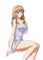 Rule 34 | 00s, 1girl, aqua eyes, breasts, cleavage, collarbone, hair over shoulder, hairband, ikkitousen, large breasts, light brown hair, long hair, naked towel, red hairband, shiny skin, simple background, smile, solo, sonken chuubou, towel, wet towel, white background