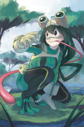 Rule 34 | absurdres, asui tsuyu, bodysuit, boku no hero academia, gloves, goggles, green hair, highres, lily pad, long tongue, looking to the side, pond, ponytail, shyua, smile, squatting, tongue, tongue out, tree