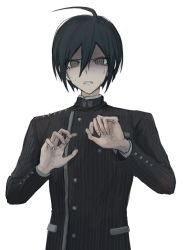 Rule 34 | 1boy, ahoge, bad id, bad twitter id, black hair, black jacket, brown eyes, buttons, clenched teeth, danganronpa (series), danganronpa v3: killing harmony, double-breasted, gakuran, gloves, grey eyes, hair between eyes, hands up, iumi urura, jacket, long sleeves, looking at viewer, male focus, saihara shuichi, school uniform, shaded face, simple background, solo, striped, striped clothes, striped jacket, sweat, teeth, upper body, vertical stripes, white background, white gloves