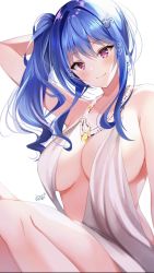 Rule 34 | 1girl, arm behind head, artist name, azur lane, backless dress, backless outfit, bare shoulders, blue hair, breasts, dress, evening gown, hair ornament, hairclip, highres, jewelry, large breasts, long hair, looking at viewer, necklace, nenobi (nenorium), pink eyes, plunging neckline, side ponytail, sidelocks, silver dress, simple background, smile, solo, st. louis (azur lane), st. louis (luxurious wheels) (azur lane), white background