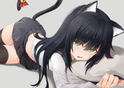 Rule 34 | 1girl, animal ear fluff, animal ears, bell, bitterpain, black hair, black sailor collar, black skirt, black tail, black thighhighs, cat ears, cat girl, cat tail, commentary request, grey background, long hair, looking at viewer, lying, open mouth, original, pillow, pleated skirt, sailor collar, school uniform, simple background, skirt, solo, tail, thighhighs, yellow eyes