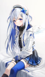 Rule 34 | 1girl, amane kanata, amane kanata (work), angel wings, asymmetrical legwear, beret, between legs, black gloves, black shirt, black socks, blouse, blue eyes, blue hair, colored inner hair, commentary, emyo, feet out of frame, frilled skirt, frills, gloves, gradient skirt, grey hair, hair ornament, hairclip, hand between legs, hat, highres, hololive, jacket, kneehighs, long hair, long sleeves, looking at viewer, mismatched legwear, multicolored hair, on bed, open clothes, open jacket, pleated skirt, shirt, single kneehigh, single sock, single thighhigh, sitting, skirt, socks, solo, symbol-only commentary, thigh strap, thighhighs, two side up, uneven legwear, virtual youtuber, white background, white hat, white jacket, wings