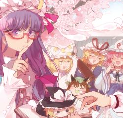 Rule 34 | 6+girls, :3, :d, alice margatroid, animal ear fluff, animal ears, animal hat, arm up, black headwear, blonde hair, blue kimono, blue ribbon, blush, book, bottle, bow, branch, cat ears, chen, cherry blossoms, chibi, choker, closed eyes, closed mouth, commentary request, crescent, crescent hat ornament, dress, earrings, eating, falling petals, fingernails, food in mouth, fox tail, green headwear, hair ribbon, hanami, happy, hat, hat bow, hat ornament, hat ribbon, hitodama, holding, holding book, holding bottle, japanese clothes, jewelry, kerok (joniko1110), kimono, kirisame marisa, kitsune, laughing, leaning on person, long hair, long sleeves, mob cap, multiple girls, multiple tails, obi, open mouth, party, patchouli knowledge, petals, pink dress, pink hair, pink headwear, puffy sleeves, purple eyes, purple hair, red bow, red choker, red ribbon, ribbon, ribbon choker, rimless eyewear, saigyouji yuyuko, sash, short hair, sidelocks, single earring, smile, solid circle eyes, standing, sweatdrop, tail, touhou, tress ribbon, white bow, white ribbon, wine bottle, witch hat, yakumo ran, yakumo yukari, yellow eyes