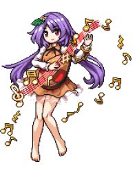 Rule 34 | 1girl, barefoot, beamed eighth notes, biwa lute, brown dress, double dealing character, dress, eighth note, flower, full body, hair flower, hair ornament, instrument, light purple hair, low twintails, lowres, lute (instrument), music, musical note, namako daibakuhatsu, note, pixel art, playing instrument, purple hair, smile, solo, touhou, transparent background, tsukumo benben, twintails