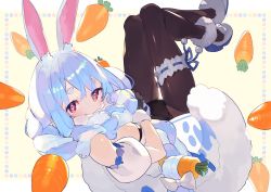 Rule 34 | 1girl, animal ear fluff, animal ears, ankle cuffs, arm cuffs, black gloves, black leotard, black pantyhose, blue hair, blush, border, braid, breasts, bridal garter, carrot, carrot hair ornament, cleavage, commentary, covered mouth, dress, food-themed hair ornament, full body, fur-trimmed dress, fur-trimmed gloves, fur trim, gloves, hair ornament, hair ribbon, hajime (hajime-ill-1st), highres, holding, holding hair, hololive, leotard, light blue hair, long hair, looking at viewer, medium breasts, multicolored hair, pantyhose, playboy bunny, rabbit ears, rabbit girl, red eyes, ribbon, shoes, simple background, solo, symbol-shaped pupils, thick eyebrows, thigh strap, tress ribbon, twin braids, twintails, two-tone hair, usada pekora, usada pekora (1st costume), virtual youtuber, white dress, white footwear, white hair