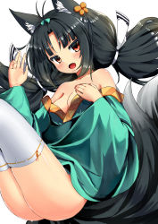 Rule 34 | 1girl, animal ears, aqua kimono, aqua ribbon, azur lane, bad id, bad pixiv id, bell, black hair, breasts, cleavage, collarbone, fox ears, fox tail, green kimono, green sleeves, hair bell, hair ornament, hair ribbon, highres, ikuseiso, japanese clothes, kimono, long sleeves, looking at viewer, low twintails, open mouth, red eyes, ribbon, short kimono, small breasts, smile, solo, tail, thighhighs, twintails, white thighhighs, wide sleeves, yuubari (azur lane)