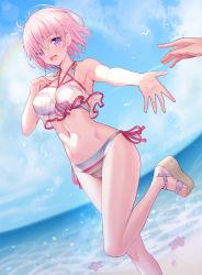 Rule 34 | 1girl, :d, armpits, artist name, bare arms, bare shoulders, bikini, blue sky, breasts, brown footwear, cleavage, collarbone, commentary request, day, fate/grand order, fate (series), hair over one eye, halterneck, hand up, highres, horizon, looking at viewer, mash kyrielight, mash kyrielight (swimsuit of perpetual summer ver.02), medium breasts, navel, ocean, official alternate costume, open mouth, outdoors, outstretched arm, pink hair, platform footwear, purple eyes, rainbow, revision, ririko (zhuoyandesailaer), sandals, see-through, short hair, side-tie bikini bottom, sky, smile, solo focus, standing, standing on one leg, starfish, striped bikini, striped clothes, swimsuit, water, watermark