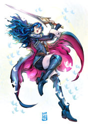 Rule 34 | 1boy, 1girl, armor, artist request, blue eyes, blue hair, cape, falchion (fire emblem), fingerless gloves, fire emblem, fire emblem awakening, full body, gloves, long hair, looking at viewer, lucina (fire emblem), nintendo, open mouth, simple background, solo, sword, tiara, weapon, white background