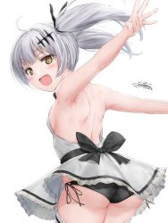 Rule 34 | 1girl, aged down, arms behind back, arms up, ass, back bow, backless dress, backless outfit, black bow, black ribbon, blush, bow, breasts, commentary request, dress, eyebrows, fang, five-seven (adventures of fenfen) (girls&#039; frontline), five-seven (girls&#039; frontline), from side, girls&#039; frontline, hair ribbon, head tilt, highres, official alternate costume, open mouth, panties, pantyshot, ribbon, short twintails, side-tie panties, sideboob, signature, simple background, skindentation, small breasts, smile, smug, solo, standing, thighhighs, thighs, twintails, underwear, white background, white hair, yellow eyes, yukinoshiro
