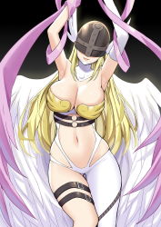 Rule 34 | 1girl, angewomon, armpits, arms up, belt, blonde hair, breasts, cleavage, covered eyes, digimon, digimon (creature), digimon adventure, elbow gloves, facing viewer, gloves, hagoromo, head tilt, helmet, highres, large breasts, long hair, navel, o-ring, o-ring belt, open mouth, shawl, sidelocks, single elbow glove, single glove, single leg pantyhose, sky-freedom, smile, solo, thigh strap, white gloves, white legwear, white wings, winged helmet, wings