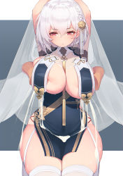 Rule 34 | 1girl, arms up, azur lane, between breasts, blush, braid, breast curtains, grabbing another&#039;s breast, breasts, china dress, chinese clothes, commentary, dress, flower, french braid, garter straps, grabbing, grabbing from behind, hair between eyes, hair flower, hair ornament, highres, lactation, large breasts, legs together, looking down, neckwear between breasts, outside border, pelvic curtain, pepper0, red eyes, revealing clothes, revision, see-through, see-through sleeves, short hair, side braid, sirius (azur lane), sirius (azure horizons) (azur lane), solo focus, strap between breasts, thighhighs, thighs, triangle mouth, white hair, white thighhighs, wide hips