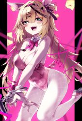 Rule 34 | 1girl, absurdres, akai haato, animal ears, black footwear, blonde hair, blue eyes, blush, breasts, cleavage, collar, cuffs, detached collar, fake animal ears, fake tail, fang, fishnet pantyhose, fishnets, haaton (akai haato), hair ornament, hair ribbon, handcuffs, heart, heart-shaped pupils, highres, hololive, large breasts, leotard, long hair, open mouth, pantyhose, pig ears, pig tail, pink leotard, pparus, red ribbon, ribbon, skin fang, smile, solo, symbol-shaped pupils, tail, twintails, virtual youtuber, white collar, white wrist cuffs, wrist cuffs, x hair ornament