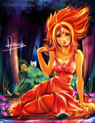 Rule 34 | 1girl, 2boys, adjusting hair, adventure time, blush, breasts, burning, cleavage, colored skin, dress, fiery hair, finn the human, fire, flame princess, flower, forehead jewel, forest, highres, jake the dog, javier estrada, knife, long hair, looking at viewer, medium breasts, multicolored hair, multiple boys, nature, open mouth, orange hair, orange skin, red dress, red eyes, red hair, signature, sitting, solo focus, two-tone hair, watermark, web address