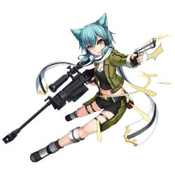 Rule 34 | 10s, 1girl, 463 jun, ^^^, animal ears, anti-materiel rifle, aqua eyes, aqua hair, bag, belt, belt buckle, belt pouch, black gloves, black shorts, bolt action, boots, breasts, buckle, cat ears, crop top, eyebrows, eyelashes, finger on trigger, fingerless gloves, firing, full body, gloves, green jacket, gun, hair between eyes, hair ornament, hairclip, handgun, highres, holding, holding gun, holding weapon, jacket, kemonomimi mode, legs apart, looking at viewer, midriff, muzzle flash, navel, open clothes, open jacket, outstretched arm, parted lips, pgm hecate ii, pouch, rifle, scarf, short hair, short shorts, shorts, sidelocks, simple background, sinon, small breasts, sniper rifle, solo, stomach, sword art online, thigh strap, trigger discipline, weapon, white background