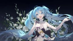 Rule 34 | 1girl, black bow, blue bow, blue eyes, blue hair, bow, character name, dated, dress, elbow gloves, flower, gloves, hair between eyes, hair ornament, hairclip, hand on own chest, hatsune miku, long hair, looking at viewer, miku symphony (vocaloid), open mouth, sash, signature, sleeveless, sleeveless dress, smile, sougishi ego, teeth, twintails, upper teeth only, very long hair, vocaloid, white dress, white flower, white gloves, white sash