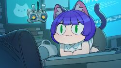 Rule 34 | 1girl, :3, animal ears, bob cut, book, book stack, cat ears, cat girl, cat tail, chair, chibi, claw mark, coffee mug, cup, desk, green eyes, highres, indie virtual youtuber, keyboard (computer), monitor, mug, non-humanoid robot, on desk, podone, purple hair, robot, short hair, sitting, slit pupils, smile, solo, sparrowl, spill, stray (game), tail, tail raised, virtual youtuber