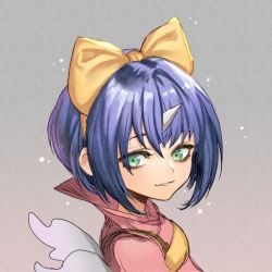 Rule 34 | 1girl, blue hair, bow, eiko carol, final fantasy, final fantasy ix, green eyes, horns, looking at viewer, short hair, simple background, single horn, smile, solo, uboar, wings, yellow bow