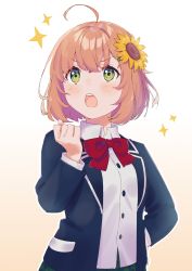 Rule 34 | 1girl, :o, absurdres, ahoge, blazer, blue jacket, blush, bow, bowtie, brown hair, collared shirt, commentary, flower, gradient background, green skirt, hair flower, hair ornament, hairclip, hand on own hip, hand up, highres, honma himawari, jacket, long sleeves, looking up, medium hair, nijisanji, open clothes, open jacket, open mouth, plaid, plaid skirt, pleated skirt, raised fist, red bow, red bowtie, school uniform, shirt, skirt, solo, sparkle, sunflower, sunflower hair ornament, teeth, upper teeth only, virtual youtuber, white background, white shirt, wing collar, yumesaki nana