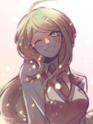 Rule 34 | 1girl, ahoge, akamatsu kaede, blonde hair, blurry, blush, breasts, commentary request, danganronpa (series), danganronpa v3: killing harmony, dokudokudoku, fortissimo, hair ornament, highres, long hair, long sleeves, looking at viewer, musical note, musical note hair ornament, necktie, one eye closed, school uniform, shirt, simple background, smile, solo, sweater vest, upper body, white shirt