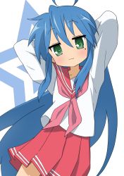 Rule 34 | 1girl, :3, absurdres, ahoge, arms behind back, arms up, blue hair, blush, closed mouth, commentary request, green eyes, highres, izumi konata, kicchi (tmgk), long hair, long sleeves, looking at viewer, lucky star, mole, mole under eye, neckerchief, pink neckerchief, pink sailor collar, pink skirt, purple hair, ryouou school uniform, sailor collar, school uniform, serafuku, simple background, skirt, solo, white background