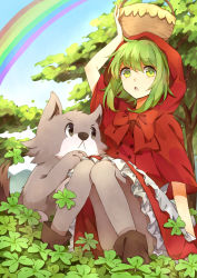 Rule 34 | 1girl, basket, bow, clover, dog, four-leaf clover, green eyes, green hair, gumi, hood, little red riding hood, matako, matching hair/eyes, on head, open mouth, pantyhose, rainbow, sitting, solo, star (symbol), tree, vocaloid