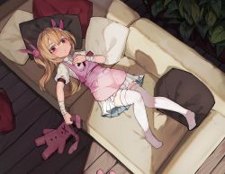 Rule 34 | 1girl, apron, blush, closed mouth, collared shirt, commentary request, couch, hair ornament, highres, indoors, light brown hair, long hair, looking at viewer, lying, natori sana, natori youkai, on back, on couch, pillow, pink apron, puffy short sleeves, puffy sleeves, red eyes, sana channel, shirt, short sleeves, solo, stuffed animal, stuffed rabbit, stuffed toy, thighhighs, two side up, virtual youtuber, white thighhighs, wristband