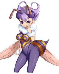 Rule 34 | 1girl, antennae, arthropod girl, bee, bee girl, bug, capcom, fur, hand on own face, highres, insect, insect girl, insect wings, kosumo, monster girl, pantyhose, purple eyes, purple hair, purple pantyhose, q-bee, short hair, sleeveless, smile, solid eyes, solo, vampire (game), white background, wings