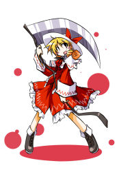 Rule 34 | 1girl, blonde hair, boots, capelet, cross-laced footwear, dress, drill hair, elly (touhou), female focus, full body, hat, hemogurobin a1c, hemogurobina1c, lace-up boots, lotus land story, red dress, red eyes, scythe, short hair, simple background, solo, standing, touhou, touhou (pc-98), weapon